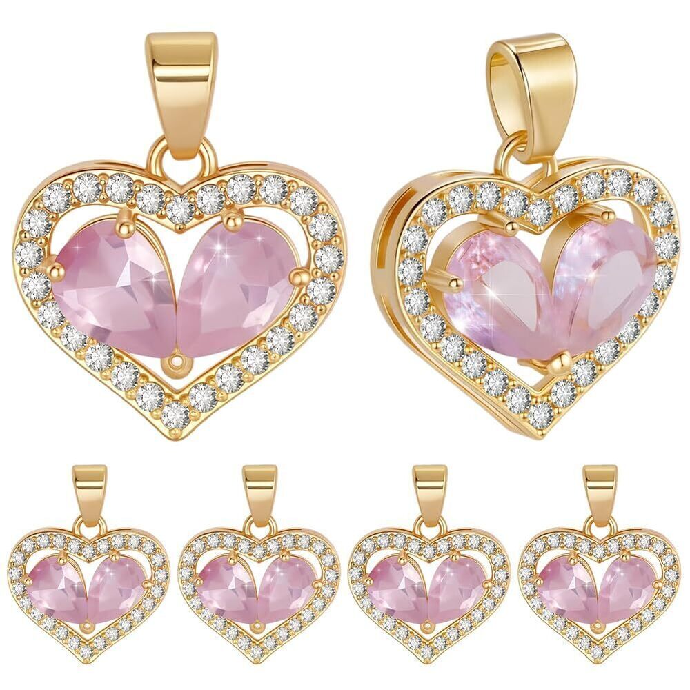 2446 8Pcs Rhinestone Heart Charms Pink 18K Gold Plated Dangle Love Cubic